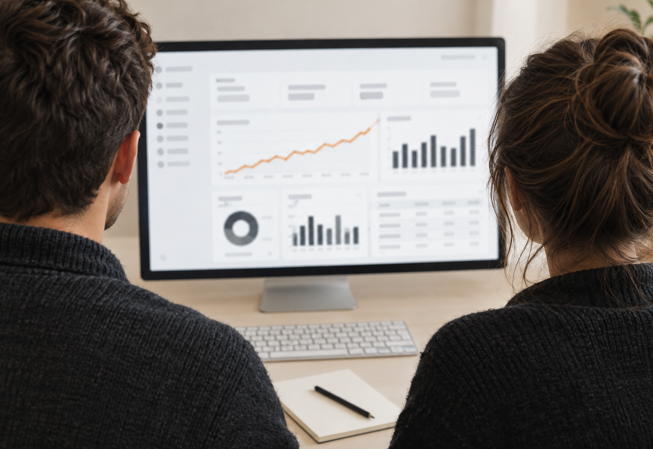 Two people sitting side by side at a desk, reviewing a marketing dashboard with a rising performance chart and other reporting widgets